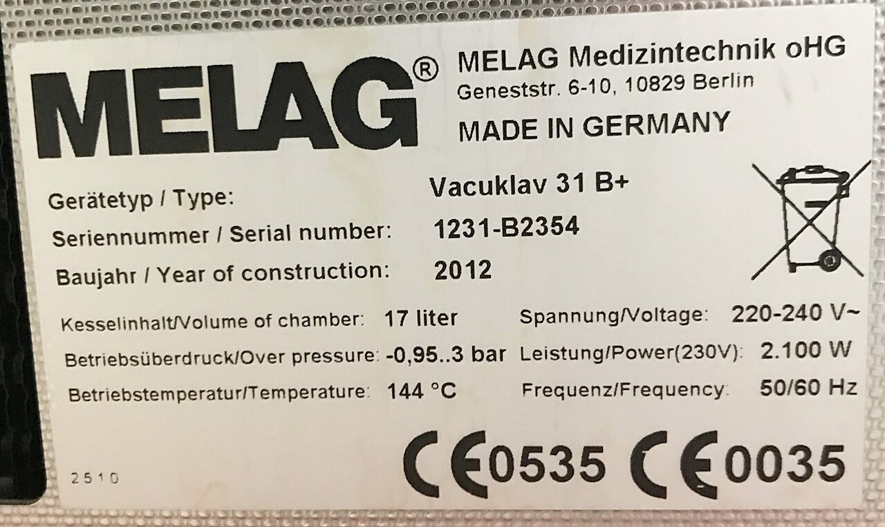 Melag Vacuklav 31B+ Sterilisator B-Klasse Autoklav Baujahr 2012 gewartet | 75576