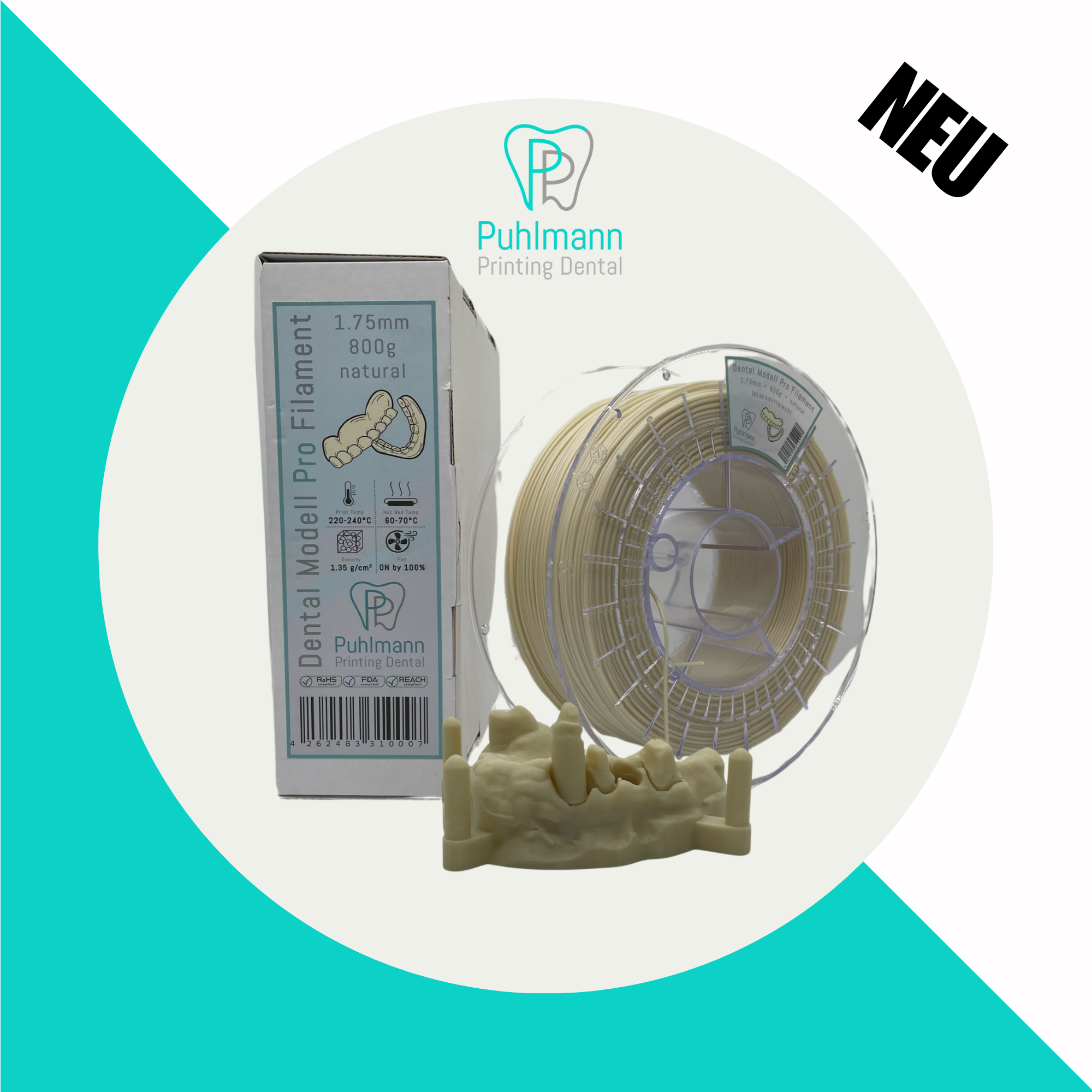 Puhlmann Printing Dental – Modell Pro Filament – Natural – lebensmittelecht – Einfach zu drucken – FDA, ROHS, REACH zertifiziert | 202998