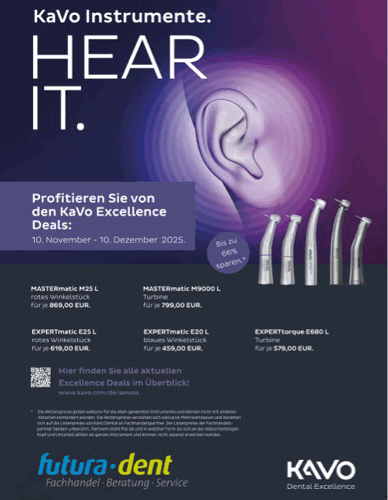KaVo Winkelstücke und Turbinen Excellence Deals vom 10. November – 10. Dezember 2025. KaVo Winkelstücke und Turbinen Excellence Deals vom 10. November – 10. Dezember 2025.