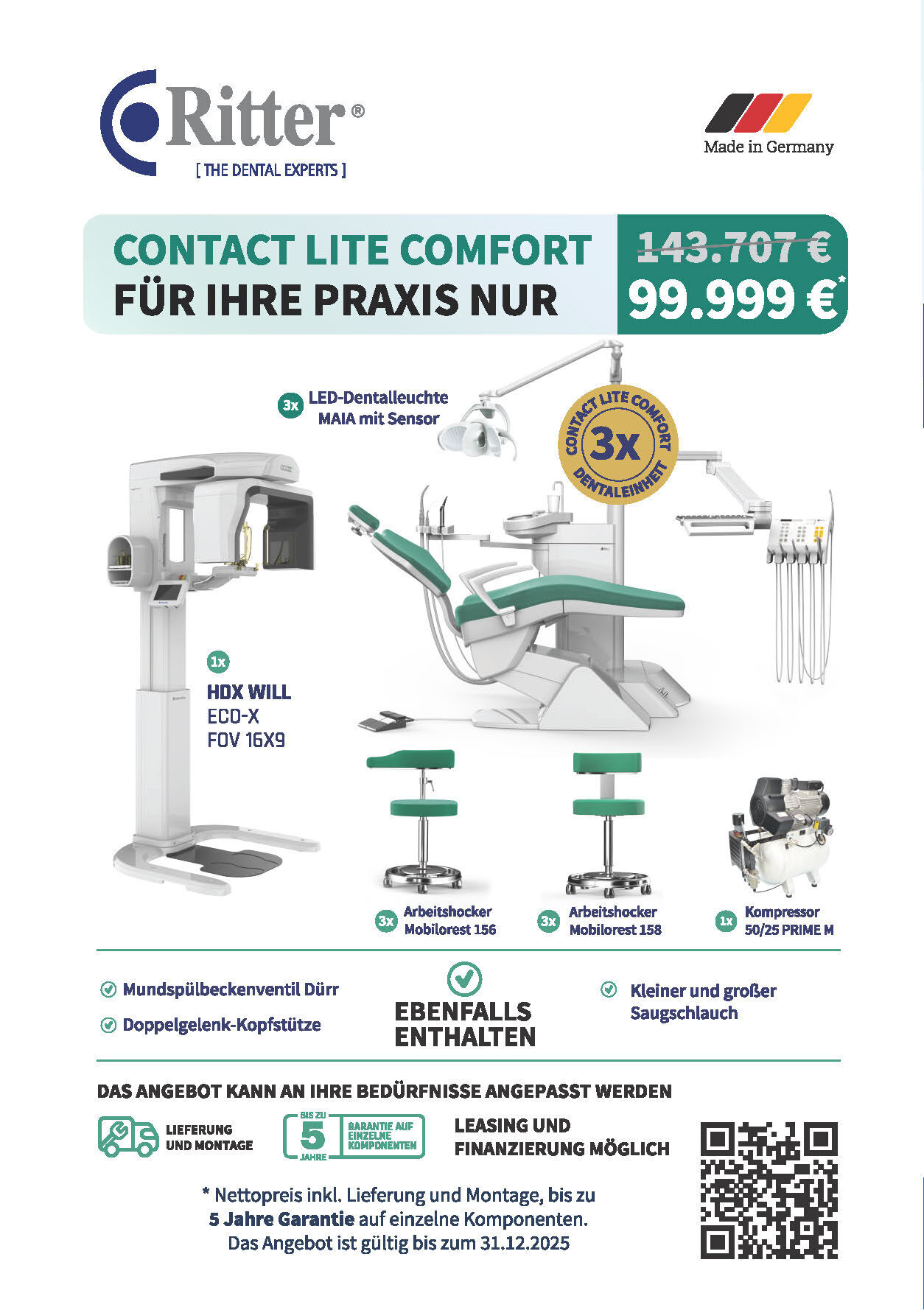 Ritter Contact Lite Comfort Paket – 3× Dentaleinheit + 3D Röntgen HDX Will ECO-X + MGF Kompressor | 335995