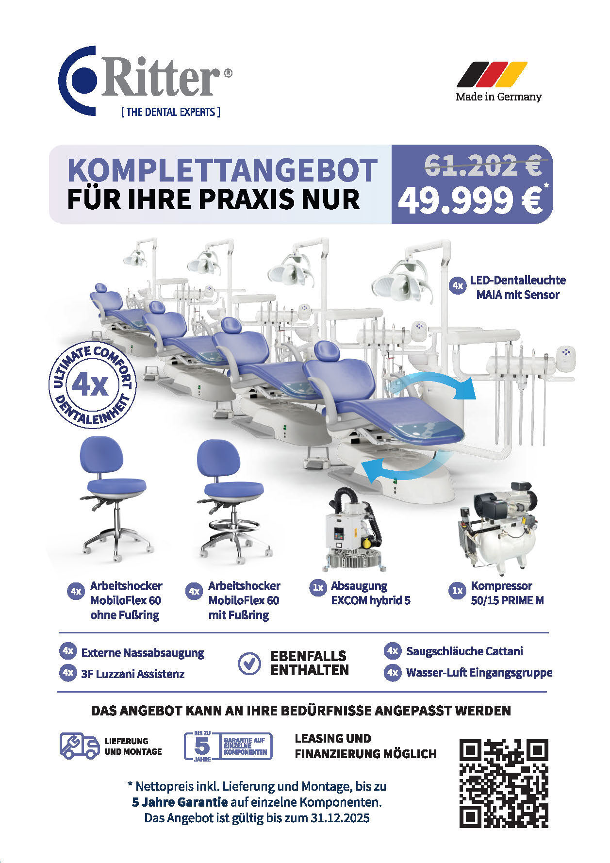 Ritter Komplettangebot für Ihre Praxis – 4 x Dentaleinheit inkl. Hocker | Absaugung | Kompressor | 335927