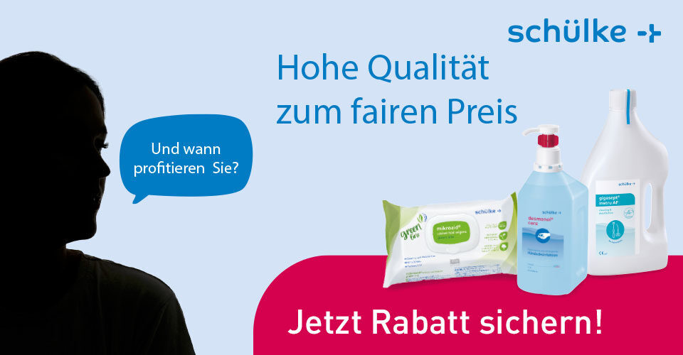 Schülke: 3 % Rabatt auf Händedesinfektion | Hautschutz | Flächendesinfektion | Aufbereitung Instrumente | 336239