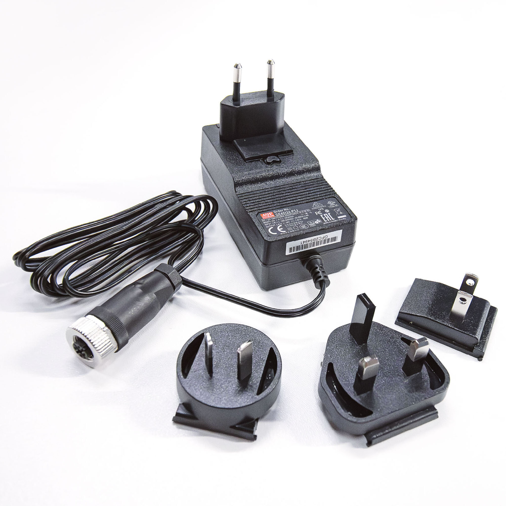 Steckernetzteil ~40W mit Anschluss-Wechseladapter | Ausgang Festspannung 24V DC über M12-A Sensorstecker | 343517