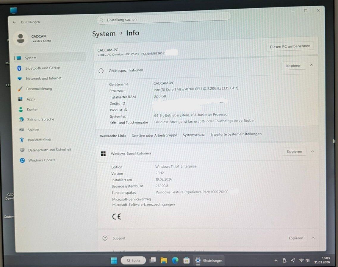 Sirona CEREC Omnicam SW 5.2 Windows 11 PC 5.2.1 Scanner Aufnahmeeinheit CAD CAM | 342641