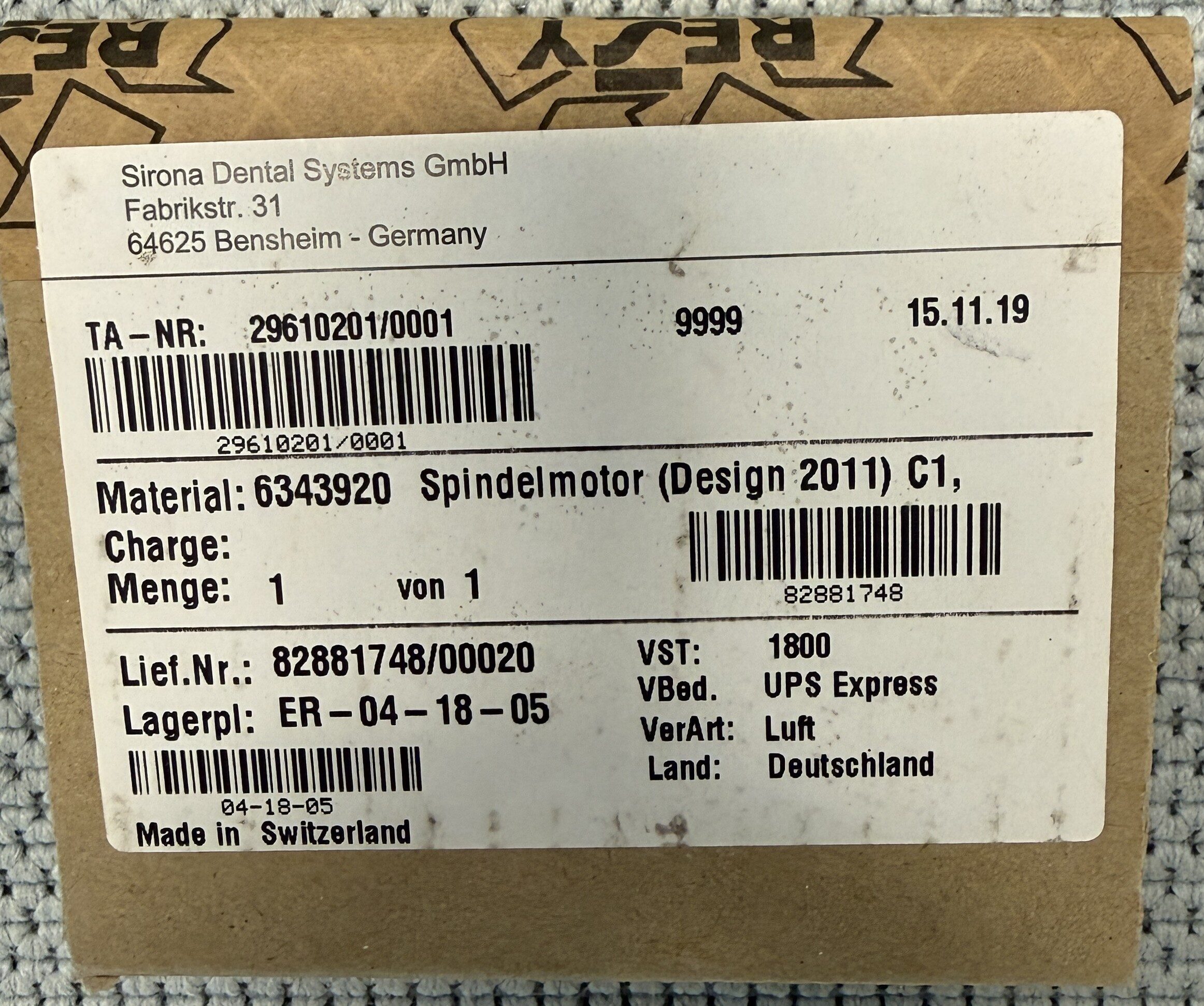 Sirona Cerec C1 Spindelmotor Design 2011 REF 6343920 Ersatzteil NEU/OVP | 345229