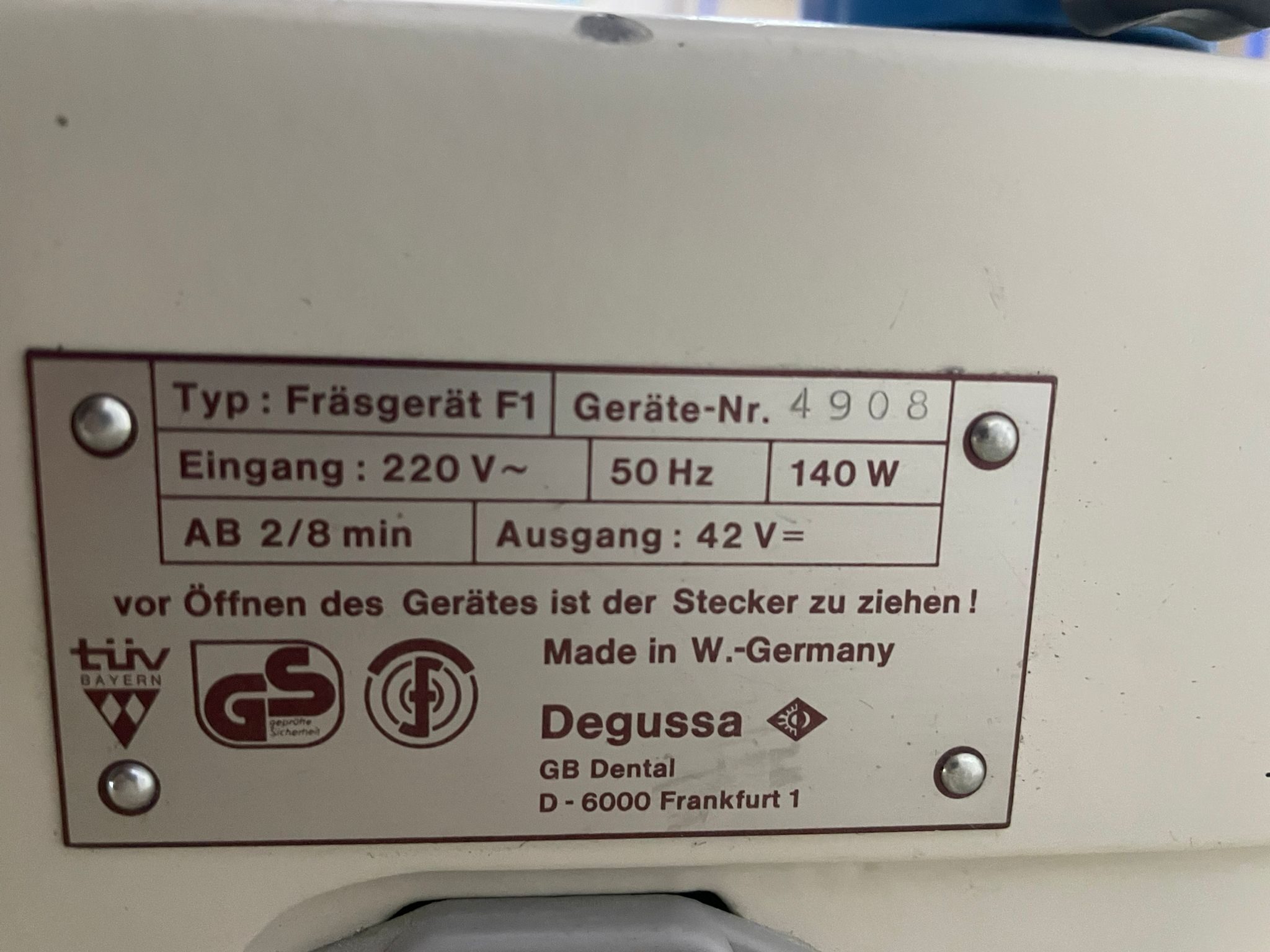 Degussa F1 Fräsgerät mit Handstück Zahntechnik / Dentallabor mit zubehör | 383095