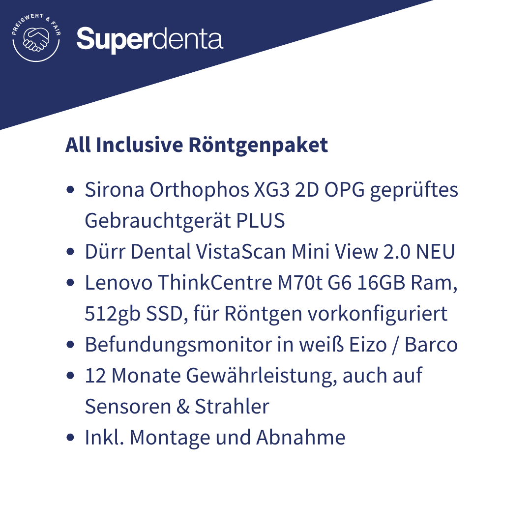 All Inclusive Röntgenpaket Digitalisierung Sirona Orthophos XG3 / XG Plus / XG5 + Dürr VistaScan Mini View 2.0 + Röntgen-PC + Befundungsmonitor + Montage + Abnahme + 12 Mon. Gewährleistung | 384761