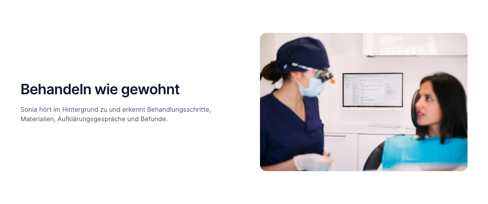 Sonia Basic – KI-Dokumentation. Sonia dokumentiert Behandlungen per KI und ermöglicht die einfache Übernahme ins PVS – gegenlesen, freigeben, fertig. | 384703