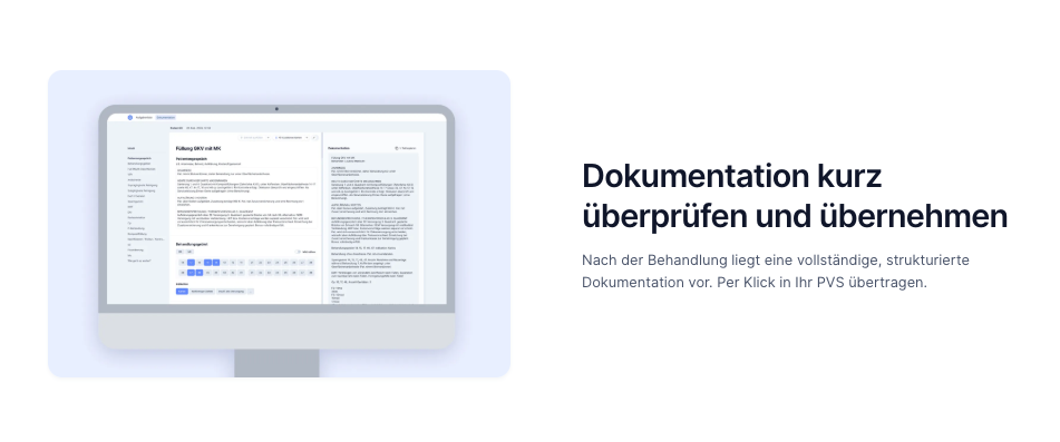 Sonia Basic – KI-Dokumentation. Sonia dokumentiert Behandlungen per KI und ermöglicht die einfache Übernahme ins PVS – gegenlesen, freigeben, fertig. | 384704