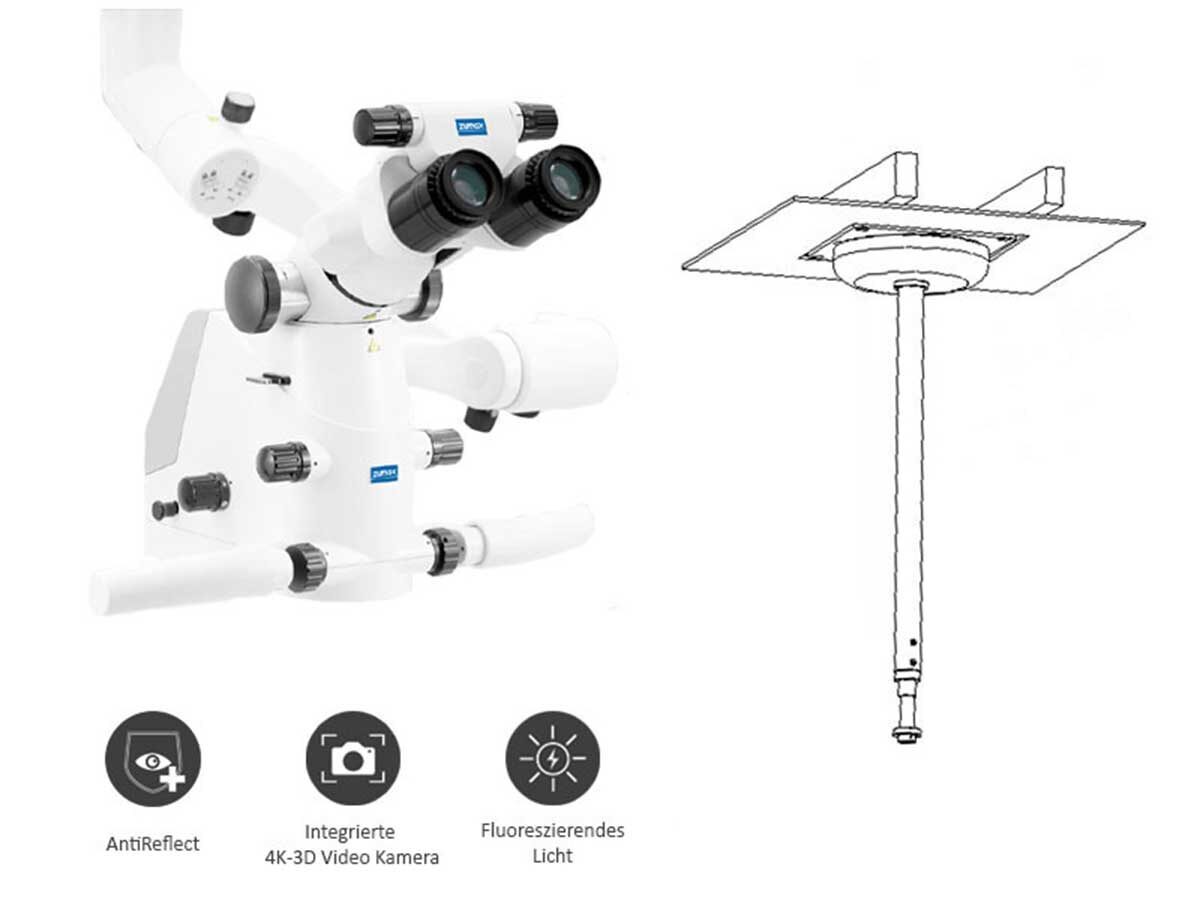 Mikroskop Komfort-Zoom (OMS2380 R2) inkl. 4K 3D Video Kamera, Anti Reflect Modul, Fuorescent Modul – Deckenhalterung | 425057