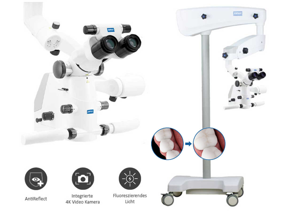Mikroskop Komfort-Zoom (OMS2380 R2) mit Spezialtubus 1,5x, 4K Video Kamera, Anti Reflect Modul, Fluorescent Modul – Rollenstativ | 425253